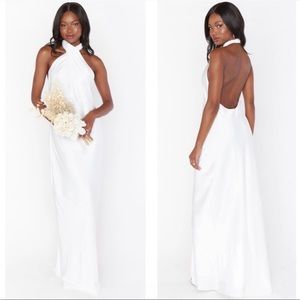 Show Me Your Mumu Jasmine Halter Maxi Dress in Ivory Luxe Satin XS